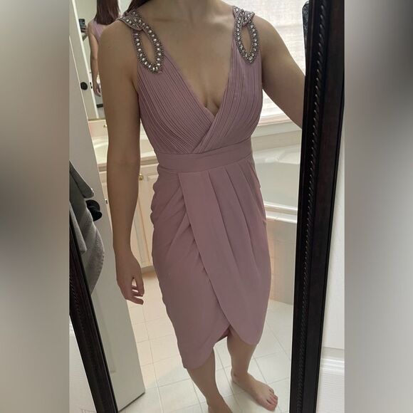 TFNC London Pink Blush Embellished Shoulder Detail Tulip Hem Midi Women’s Size S - Picture 2 of 10